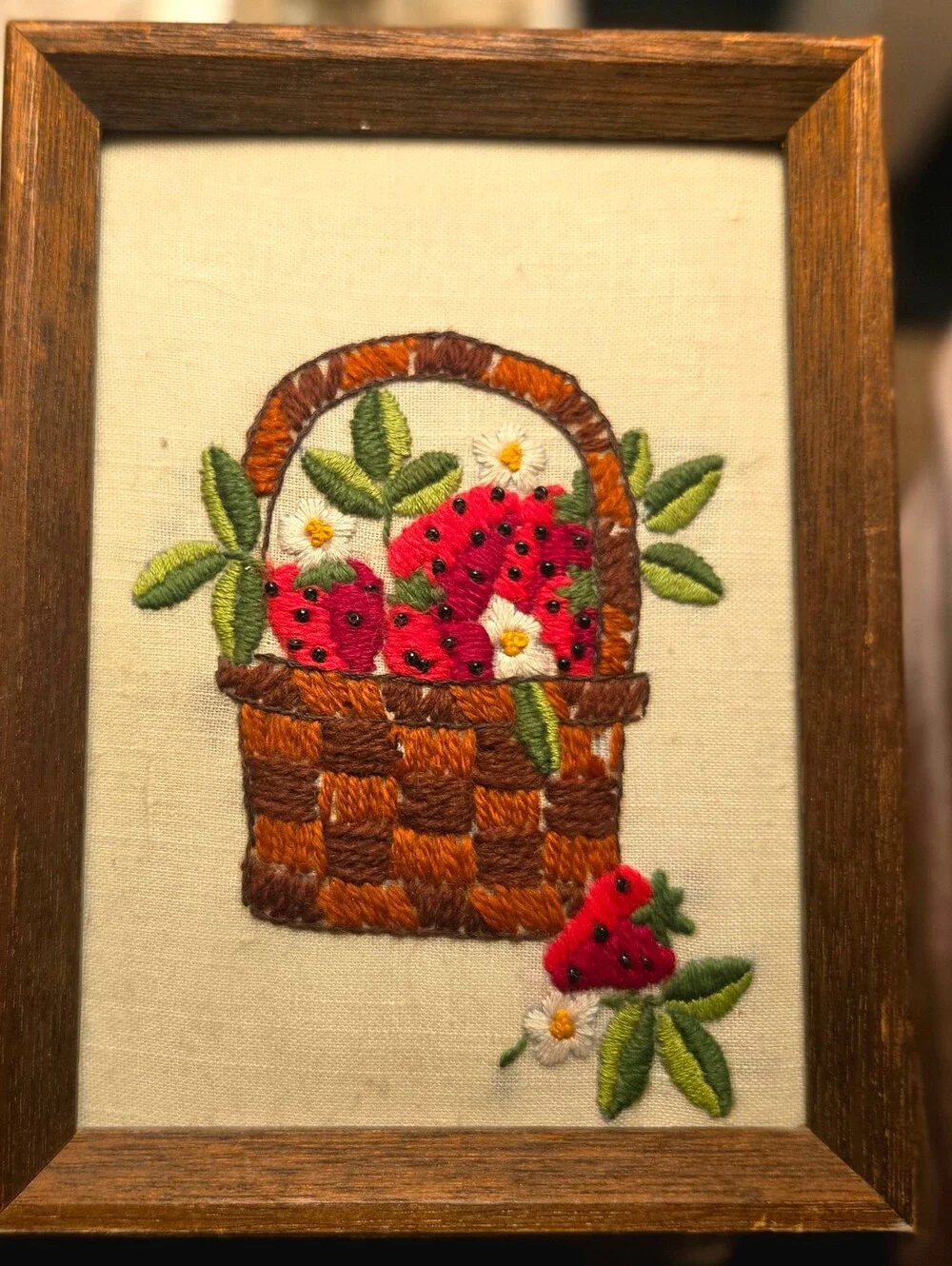 Vintage Hand Embroidered Strawberry Basket Wall Art – Cottagecore Folk Art